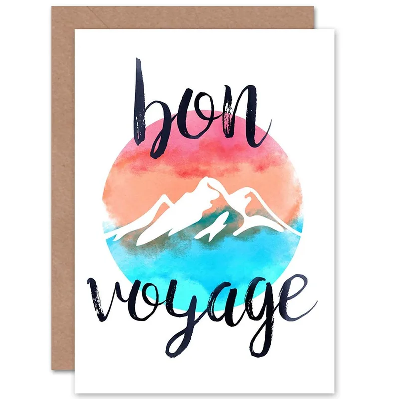Mountain Sunrise Circle Farewell Card: Bon Voyage Watercolor Greeting