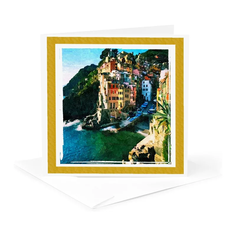 Cliffside Village Painting Card: A Colorful Coastal Scene