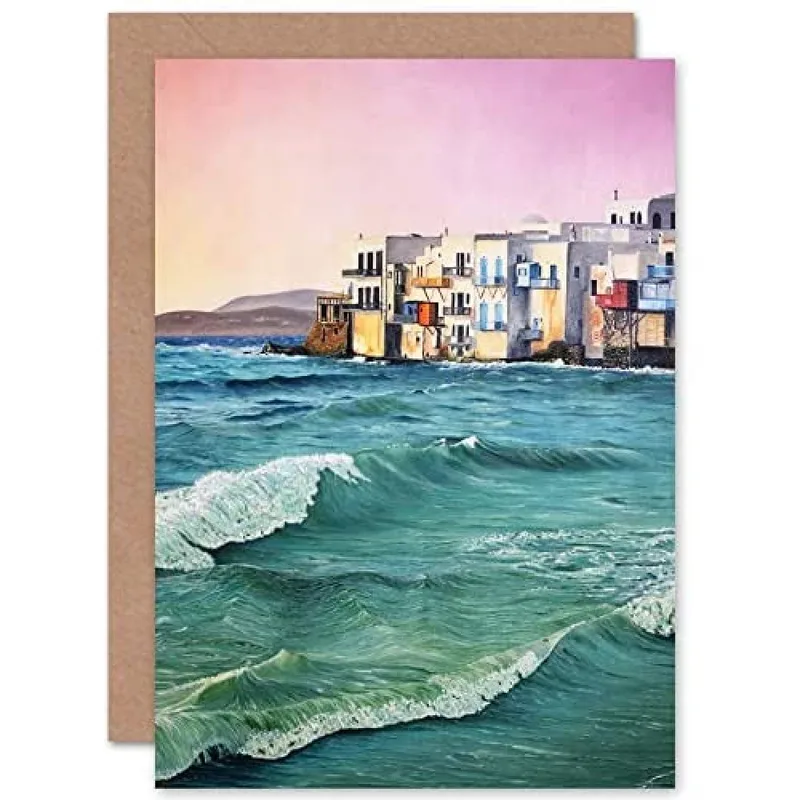 Pink Sky Seaside Town Card: A Painting of Greek Coastal Buildings
