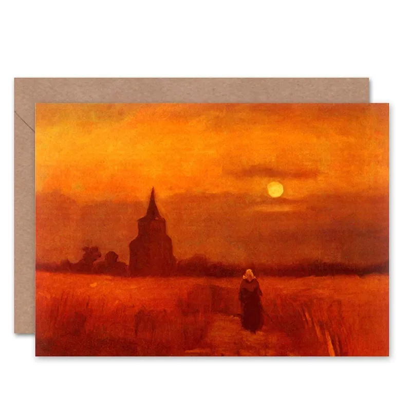 Orange Sunset Painting Card: A Classic Tower and Field Design