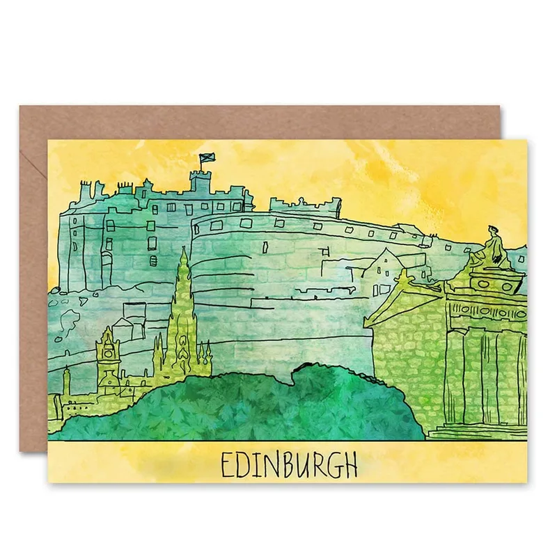 Green Watercolor Castle Card: Edinburgh Illustration Greeting