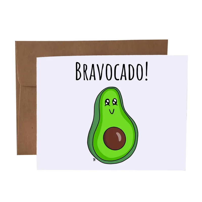 Cartoon Avocado Character Card: Bravocado Pun Greeting