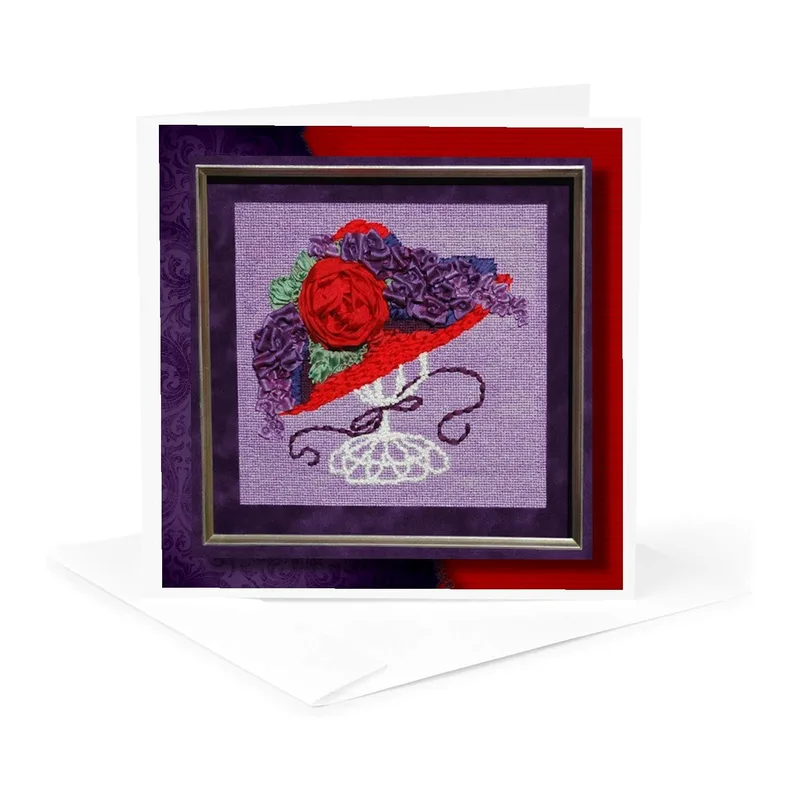 Red Rose Embroidery Framed Card: A Stitch on a Fancy Hat