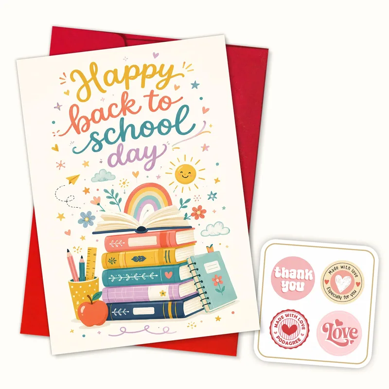 Books Rainbow Stickers Card – Stacked books with rainbow and happy back to school day text – Greeting Card in natural