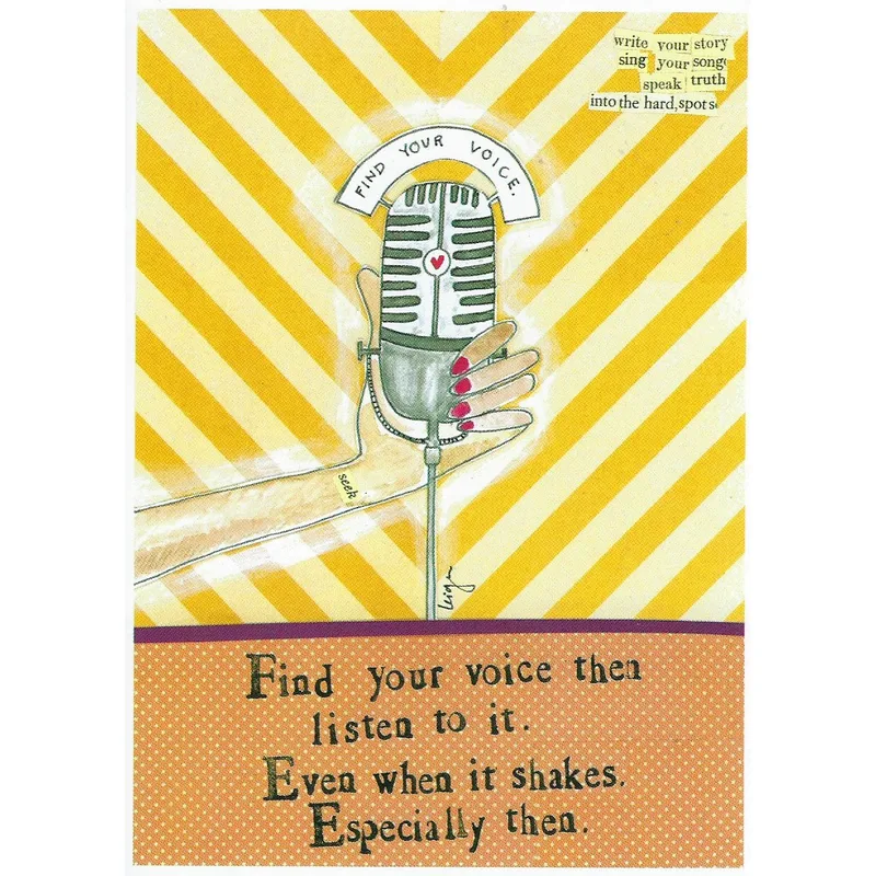 Yellow Vintage Microphone Encouragement Card for Finding Your Voice