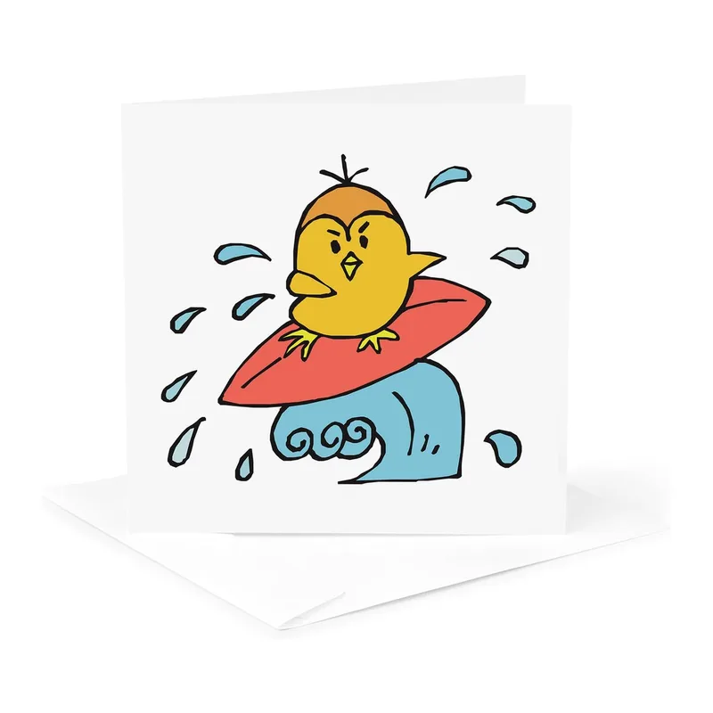Yellow Canary Surfboard Card: A Funny Cartoon Bird on a Red Board