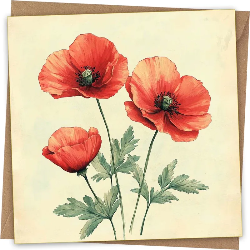 Red Poppies Cream Background Card: Vintage Floral Thank You Design