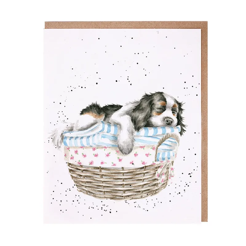 Puppies in Wicker Basket Card: A Sleeping Dog in a Floral Liner
