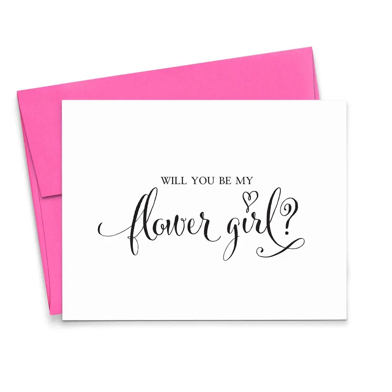 Pink Envelope Script Wedding Card for Flower Girl Requests