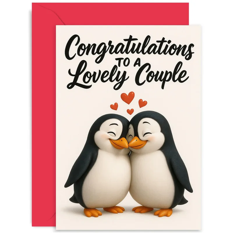 Couple Red Envelope Wedding Card for Adorable Penguin Nuptials