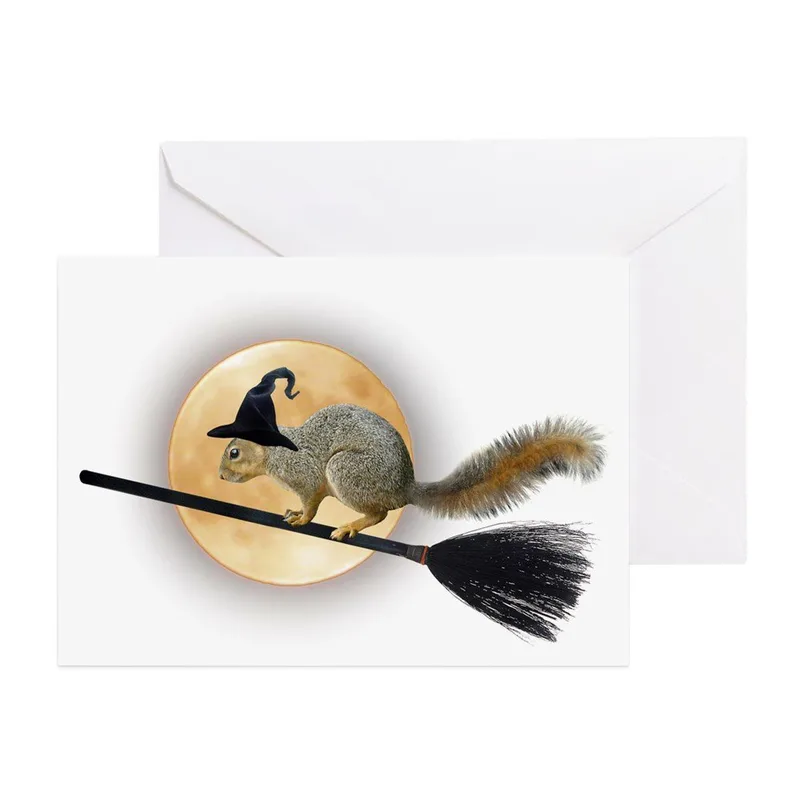 Squirrel Witch Hat Broom Card: A Flying Rodent for Weird Thank Yous