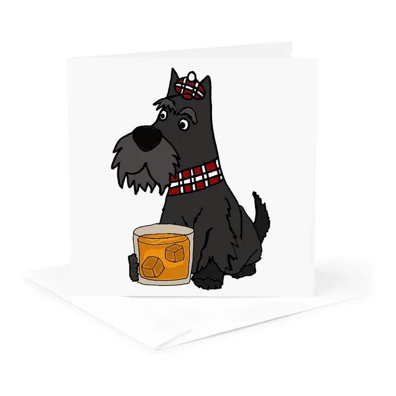 Black Scottie Whisky Card: A Scottish Terrier with a Drink