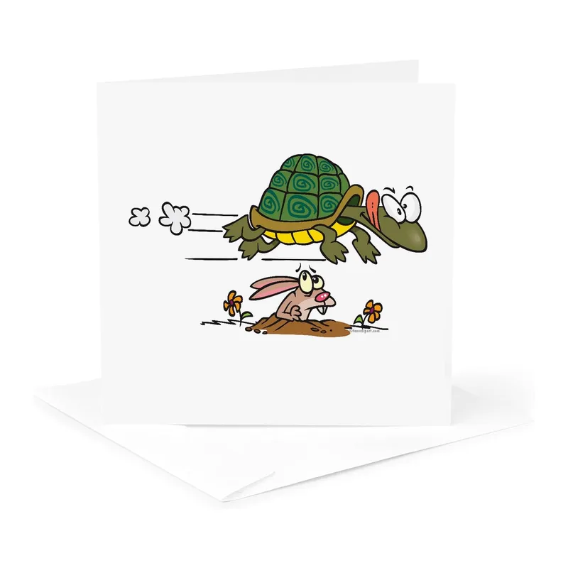 Tortoise Racing Hare Card: A Funny Cartoon Twist on the Classic Fable