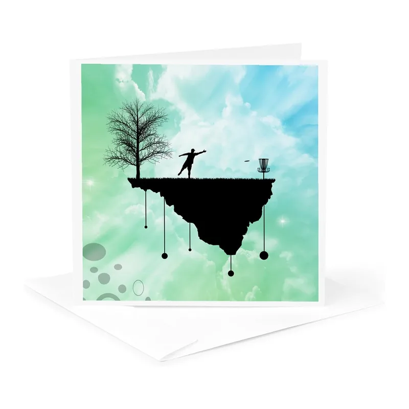 Teal Floating Island Silhouette Card for Disc Golf Enthusiasts