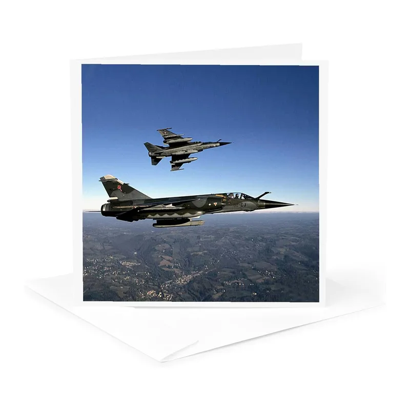 Blue Sky Fighter Jets Card: A Photo of Two Military Planes in Flight