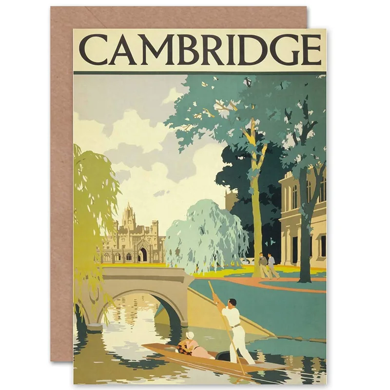 Vintage Cambridge Travel Poster Card: A Retro Punting Scene