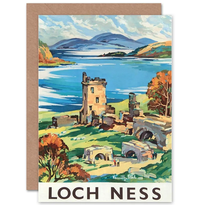 Vintage Loch Ness Poster Card: A Retro Scottish Travel Design