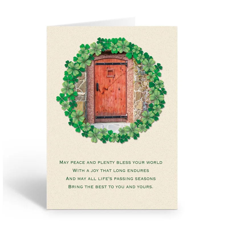 Green Wreath Red Door Card: Irish Blessing with Clover Frame