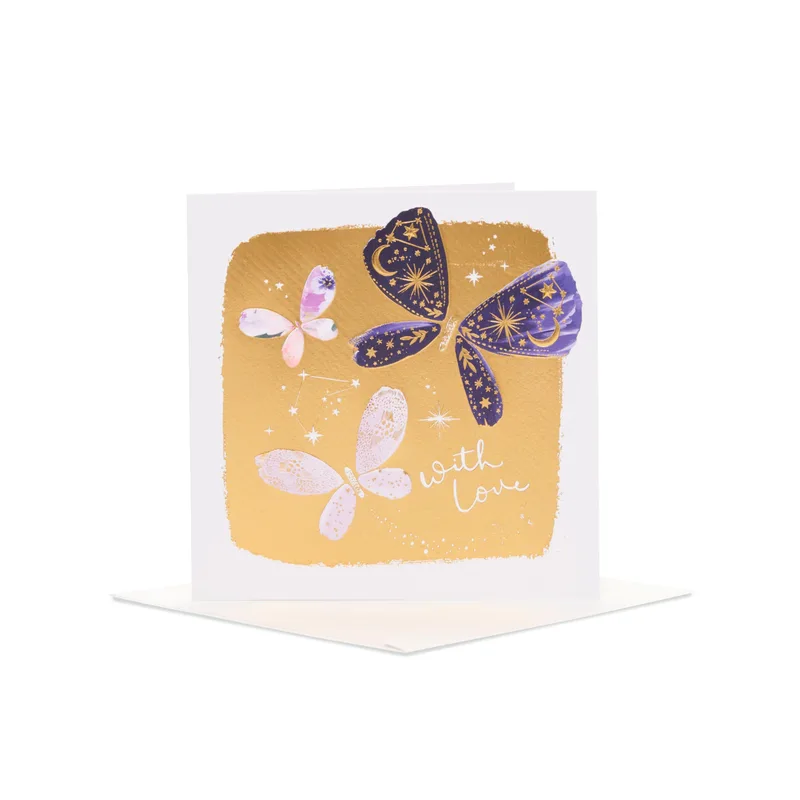 Butterflies Gold Background Love Card: Celestial Wings Design
