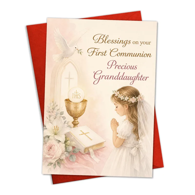 Girl Praying Communion Pink Card for Granddaughter Blessing