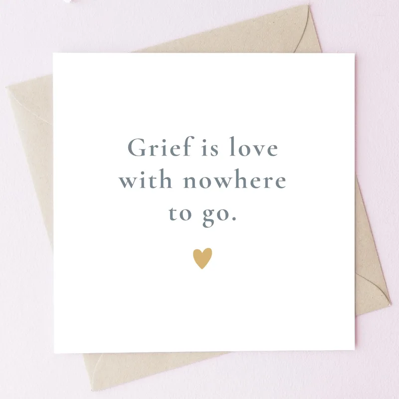 Gold Heart White Sympathy Card Acknowledging Grief as Uncontained Love