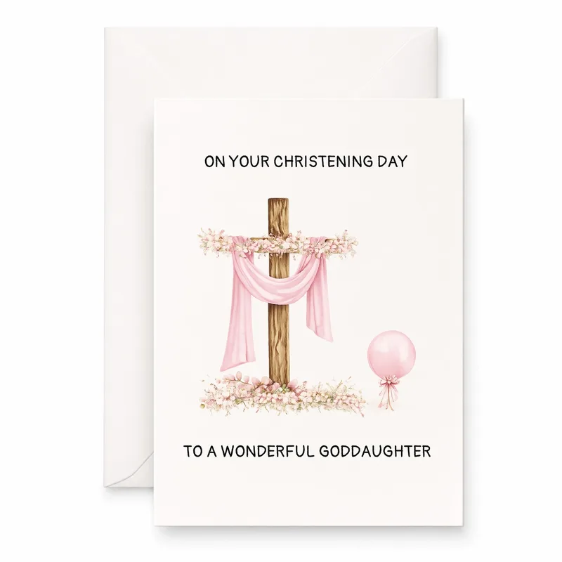 Pink Cross Christening Card Celebrating a Goddaughter with Floral Art