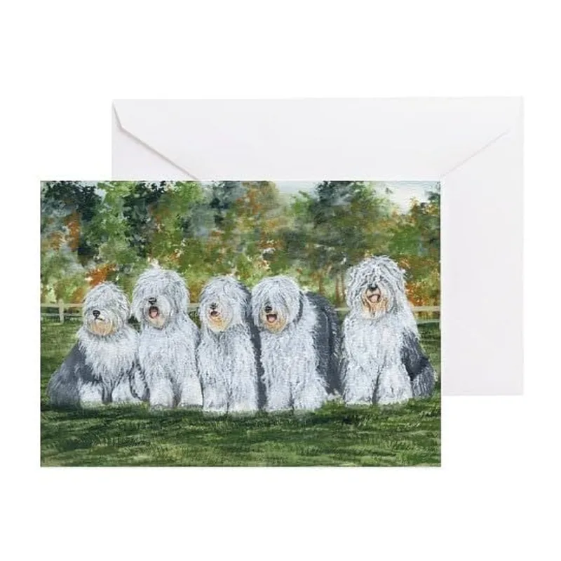 Sheepdogs in Green Field Card: Five Old English Sheepdog Illustration