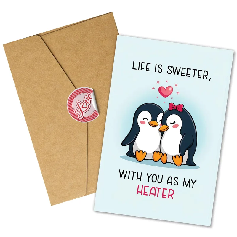Couple Pale Blue Love Card: Penguin Couple with Heater Pun