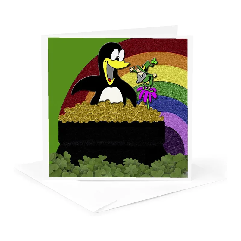 Penguin Leprechaun Rainbow Gold Card features a happy