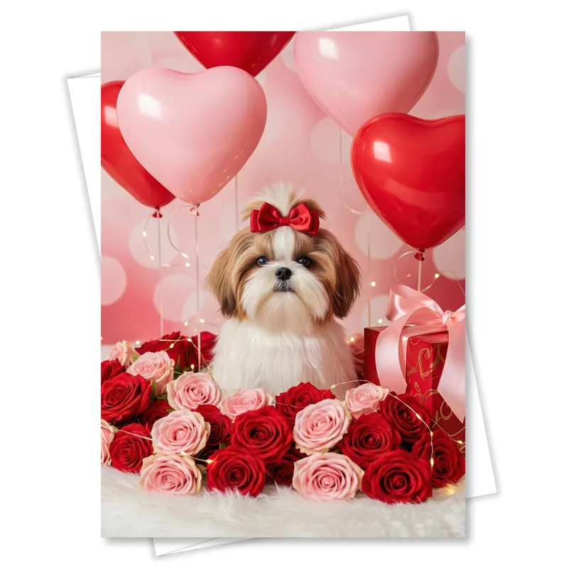 Tzu Heart Balloons Love Card: Shih Tzu with Roses and Balloons