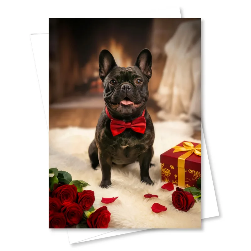 Bulldog Red Roses Love Card: A French Bulldog with Bow Tie and Gift
