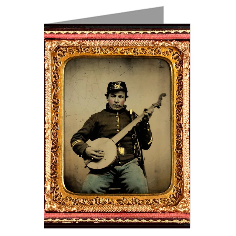 Tintype Soldier Holding Banjo Card: A Civil War Humor Greeting
