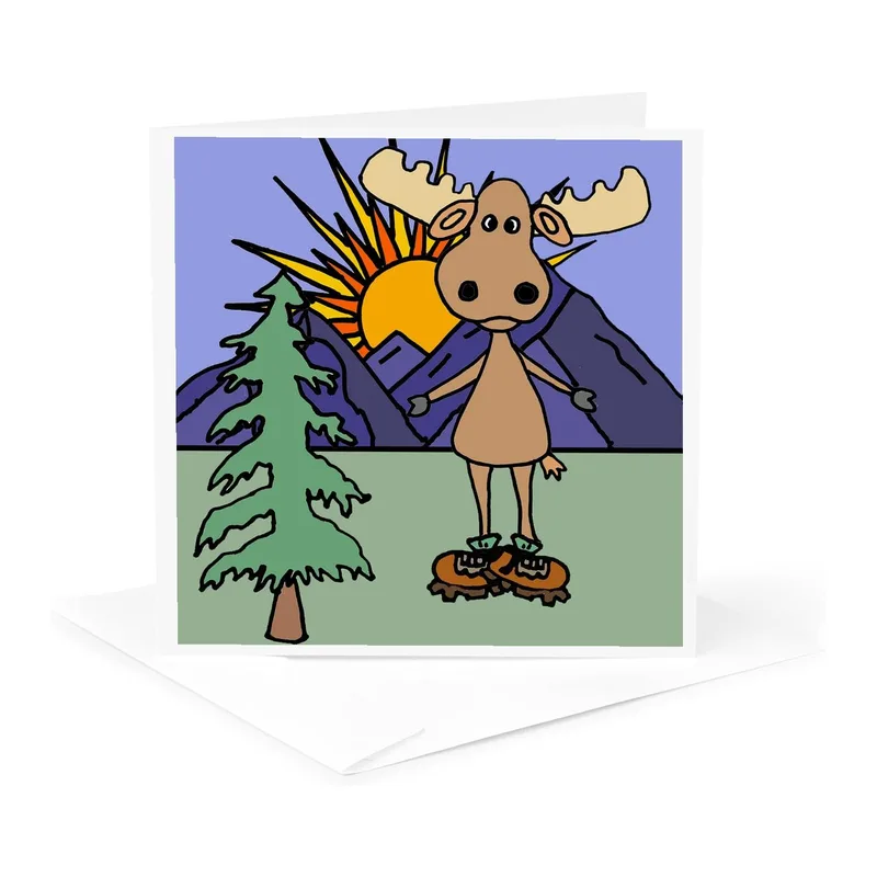 Cartoon Moose Hiking Trees Card for Trail Lovers