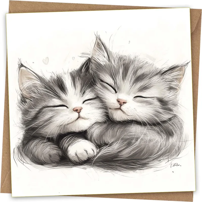 Sleeping Cats Pencil Sketch Card: Two Napping Kittens Art