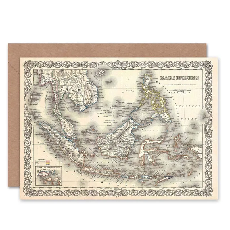 Antique Sepia Map Card: Vintage East Indies Greeting Design