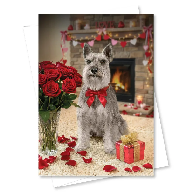 Schnauzer Dog with Roses Card: A Romantic Miniature Scene