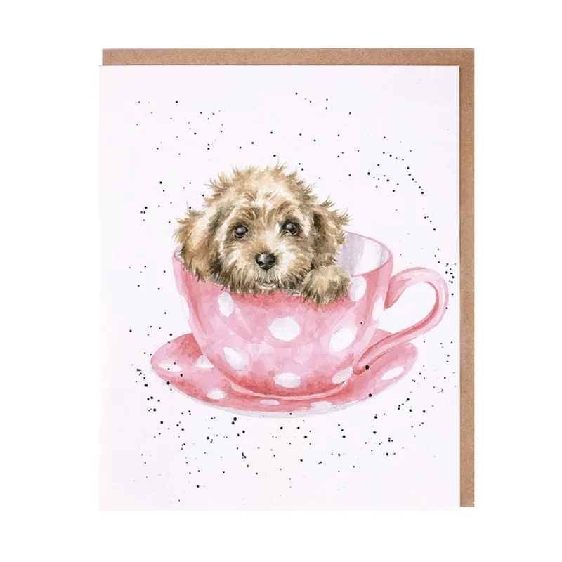 Puppy in Pink Teacup Card: A Watercolor Puppy in a Polka Dot Cup