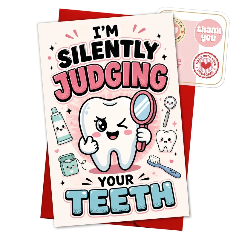Cartoon Tooth with Mirror Card: Silently Judging Your Teeth Greeting