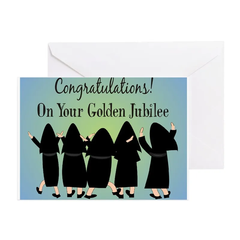 Silhouette Nuns Walking Congratulations Card celebrates