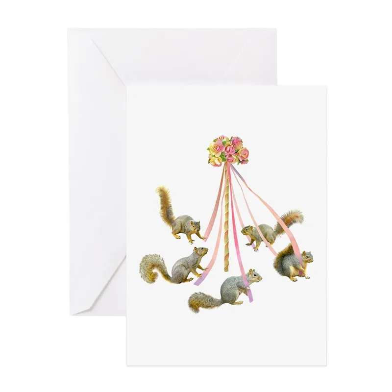 Squirrels with Pink Ribbons Card: A Whimsical May Day Tribute