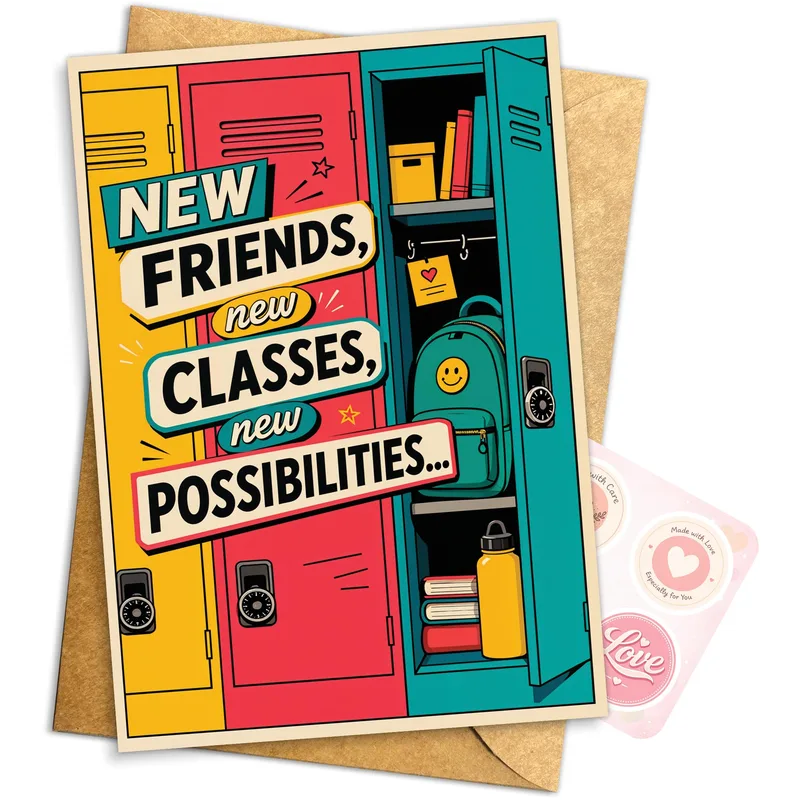 Colorful Lockers Back Card: New Friends Classes Possibilities Greeting