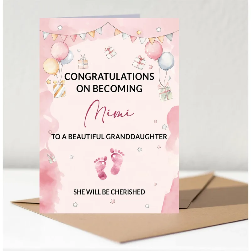 Pink Balloons Footprints New Baby Card – Greeting Card in natural
