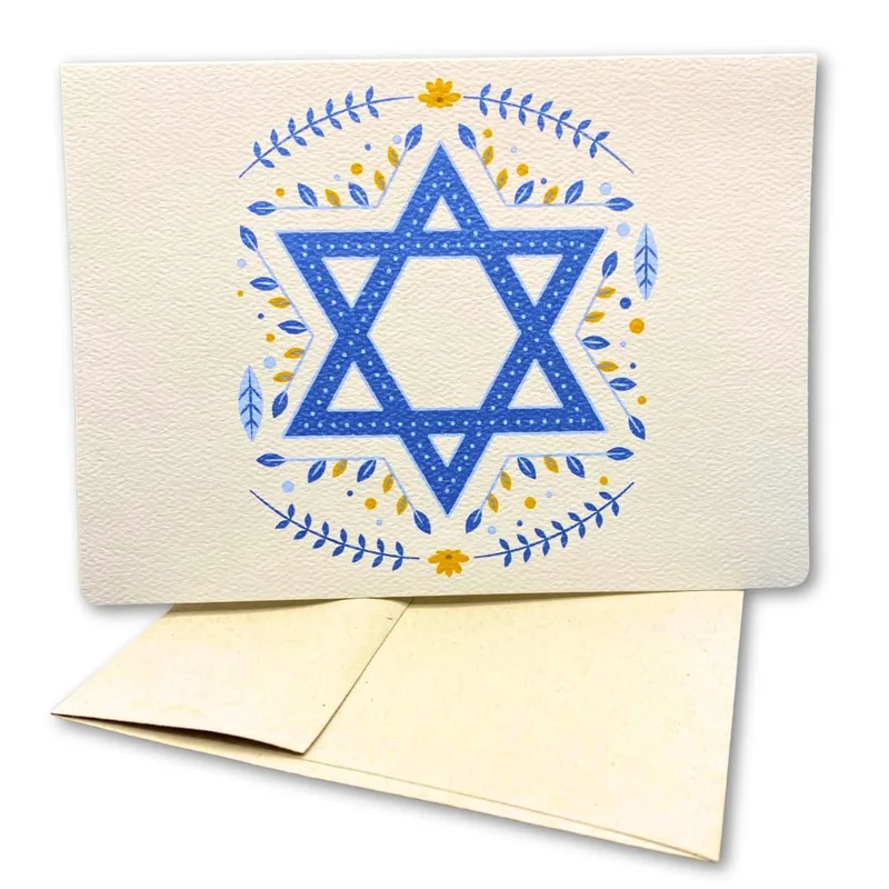 Star of David Design Card: Blue Star with Floral Wreath Greeting