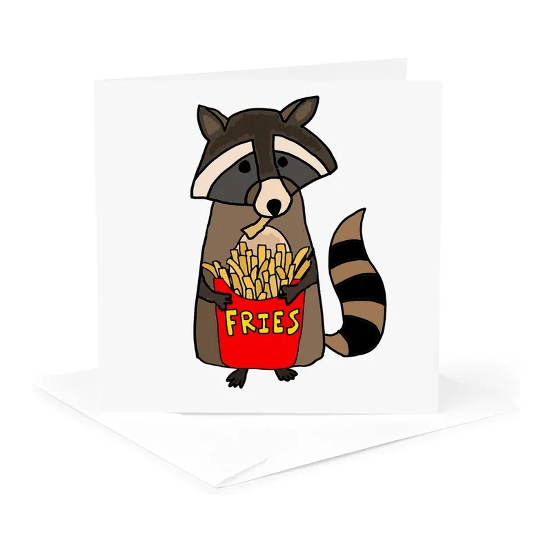 Raccoon with French Fries Card – Cartoon raccoon holding red fries container – Greeting Card in natural