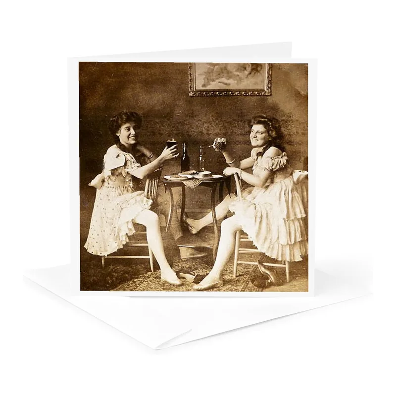 Sepia Ballerinas Drinking Beer Card: Vintage Toast for Fun Lovers