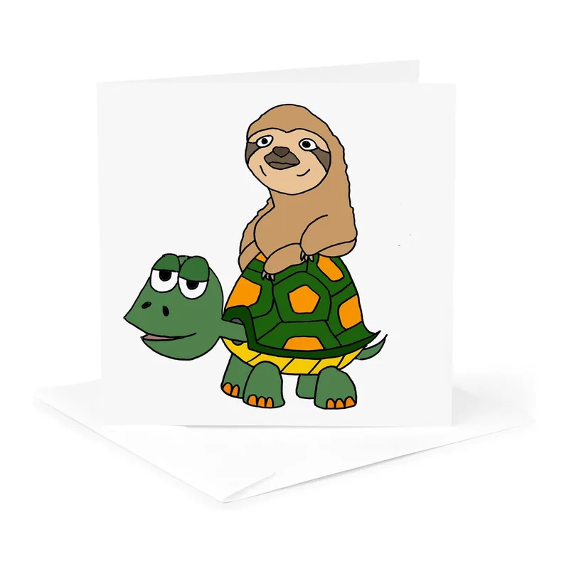Sloth on Turtle Cartoon Card for Slow and Steady Friends