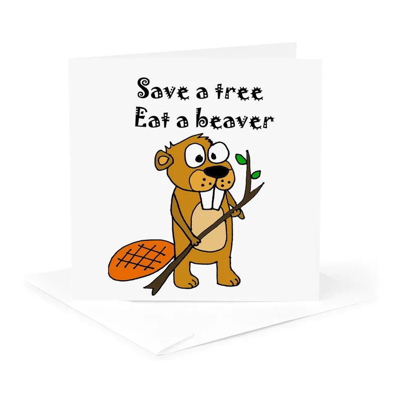 Cartoon Beaver with Stick Card: Funny Save a Tree Design