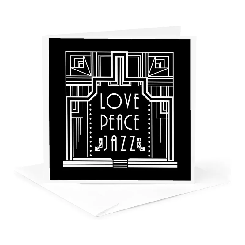 Art Deco Black Design Card: Love Peace Jazz Greeting Card