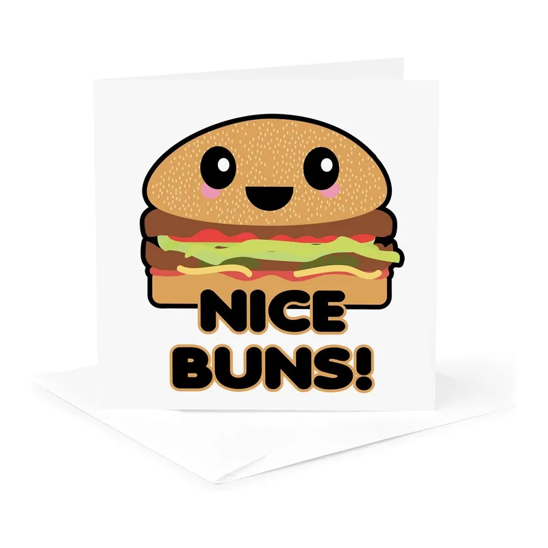 Kawaii Hamburger Cartoon Card: A Cute Burger Says Nice Buns