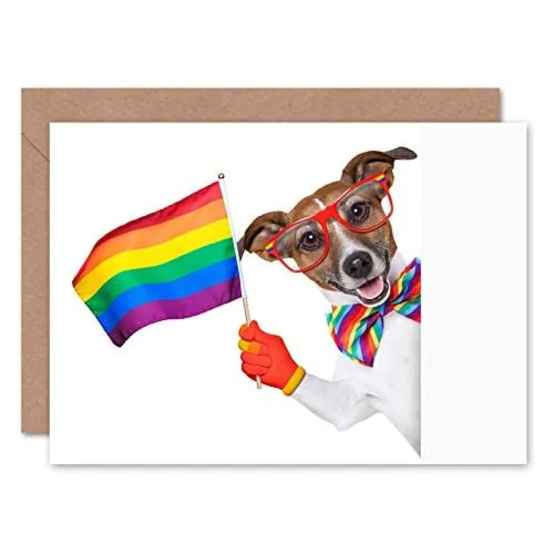 Dog Holding Rainbow Flag Card: A Pride Design for Your Best Friend